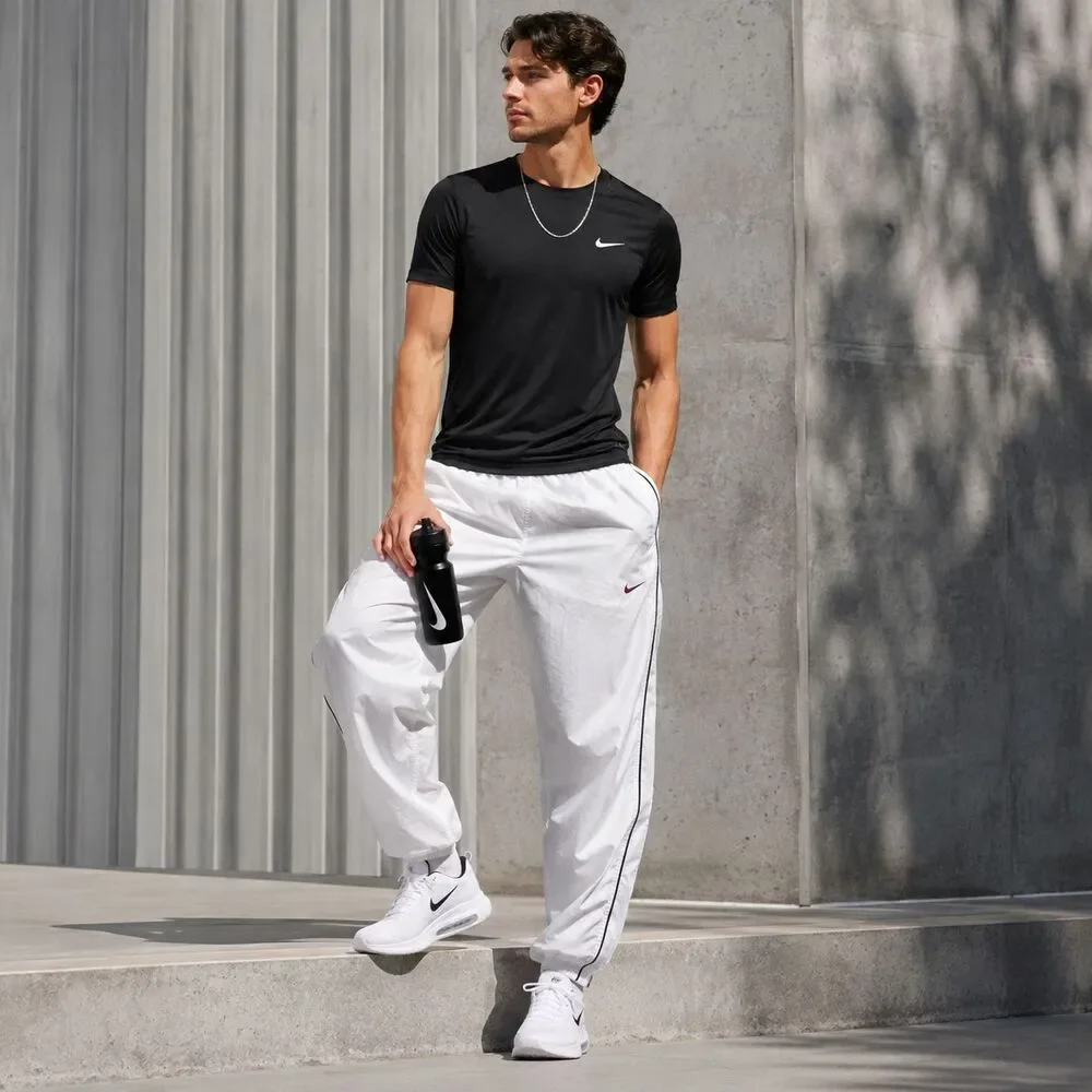 NIKE Men’s MEDIUM Track Pants VINTAGE 90s White Spellout Swoosh Zip Ankle